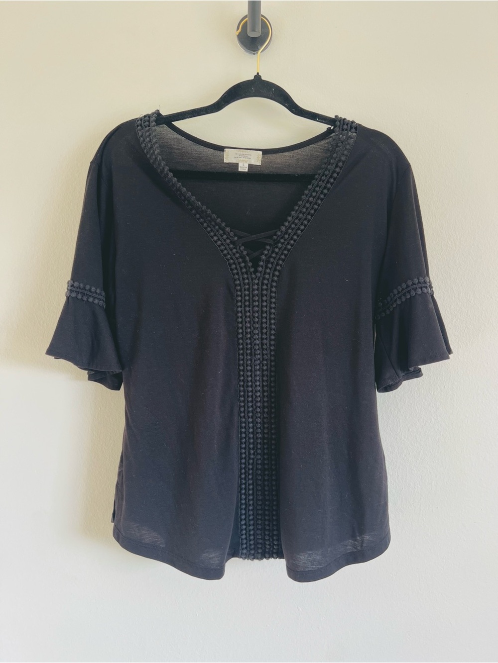 Black Lace-Up V-Neck Embellished Flutter Sleeve Top